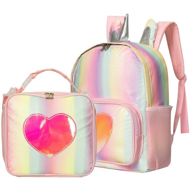 

New Heart Rainbow Unicorn Backpack & Bento Lunch Bag Set for Kids - Handheld Cartoon Design рожевий