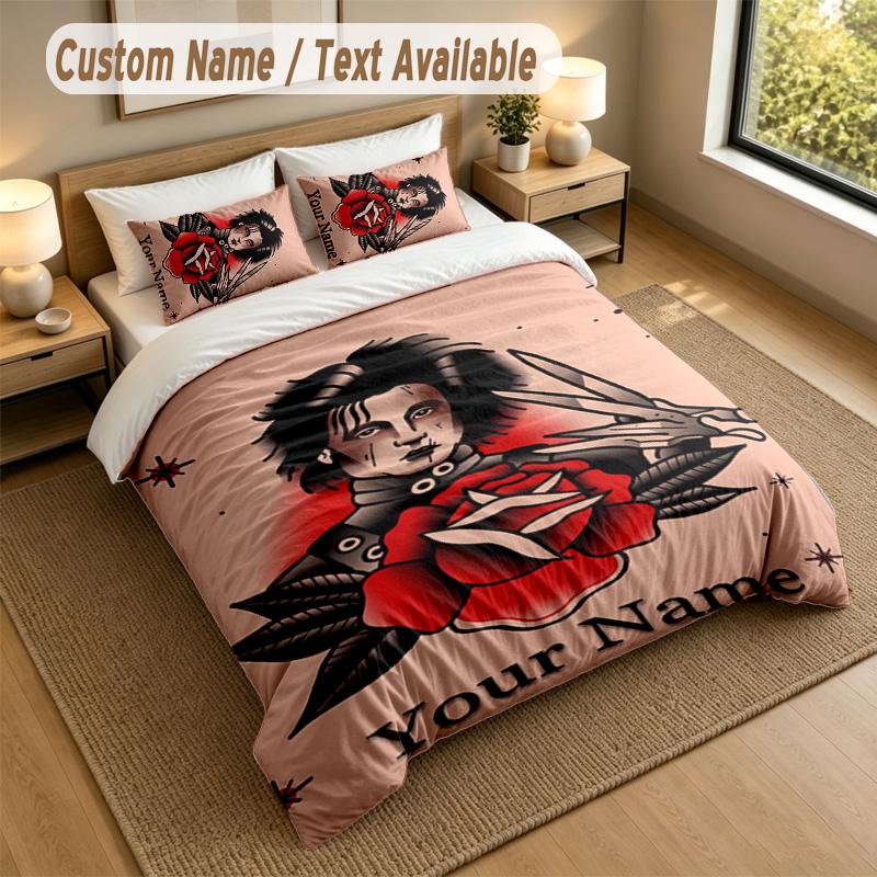 3Pcs Bedding Set Custom Name Text, 1 Sheet 2 Pillowcases Home Bed DecorEdward Scissorhands