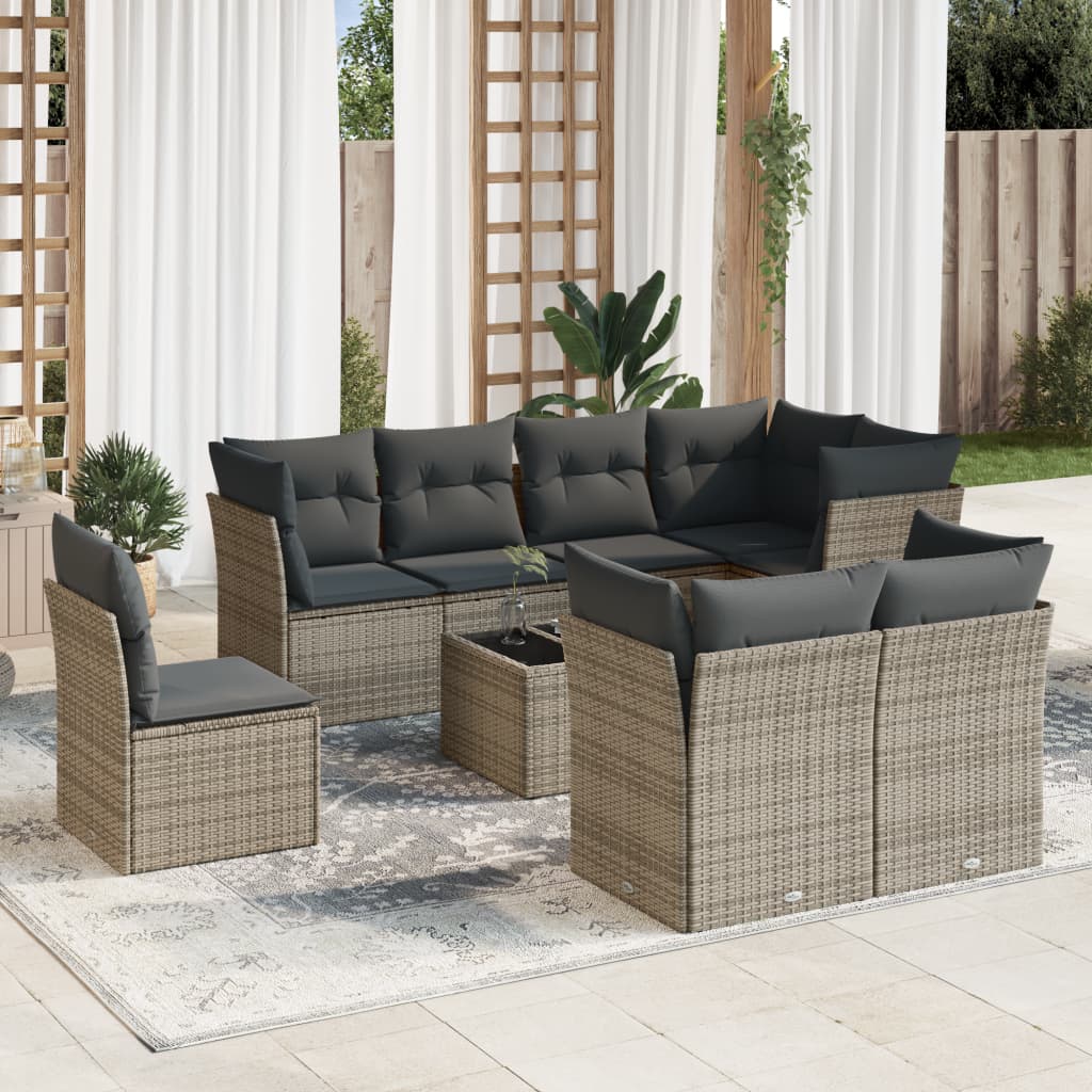 Vidaxl 9-Cz. Garden Furniture Set With Cushions, Grey, Poly Rattan
