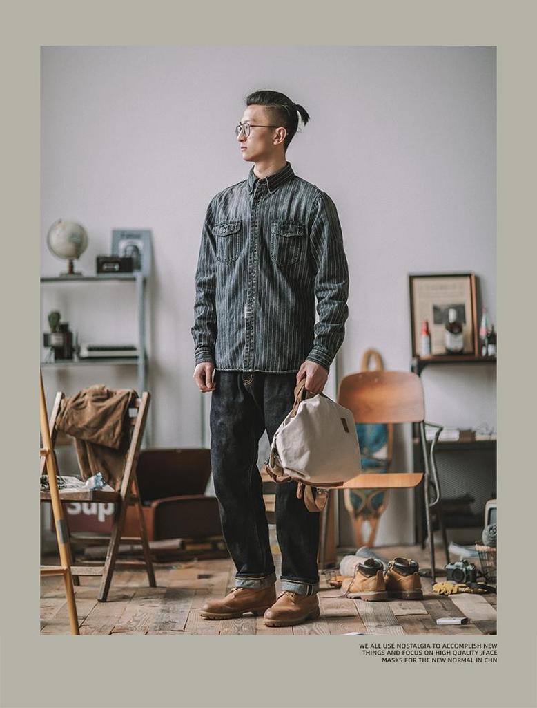 Herren Distressed Khaki Gestreiftes Denim Workwear Hemd