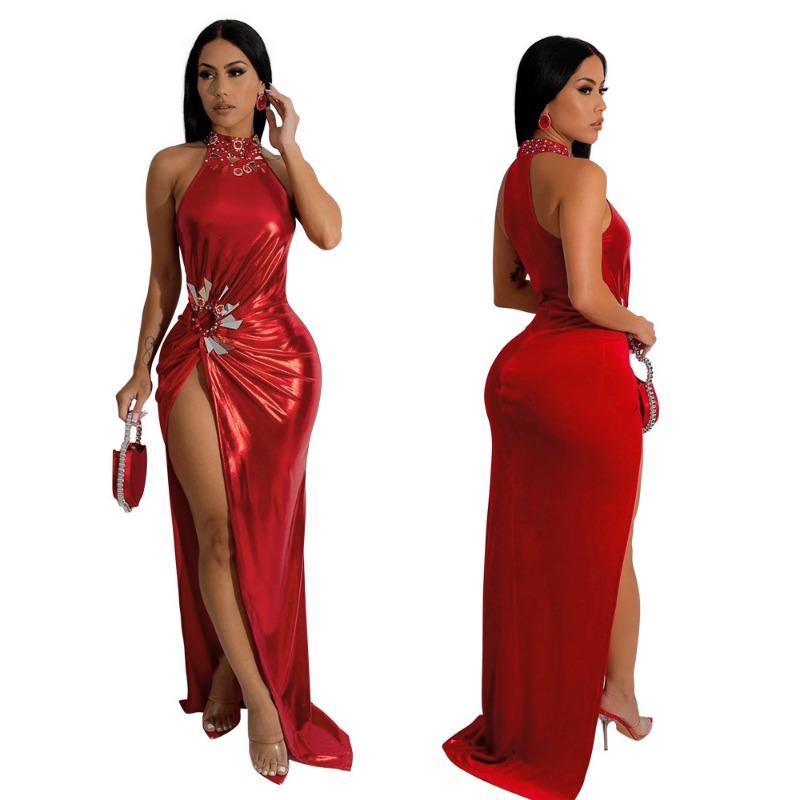 Sleeveless High Slit Solid Color Press Drill Dress Fashion Evening Gown Women's Long Dress Women's Dress