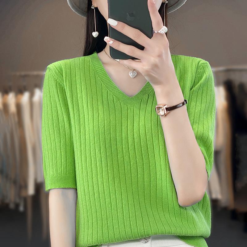 Women's Fashion Loose Knit Sweater Bottom Shirt V-Neck Pullover Half Sleeve Solid Color Top