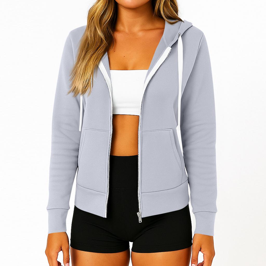 Women's Fashionable Solid Color Long Sleeved Hooded Pocket Zipper Casual Sweatshirt Jacket
