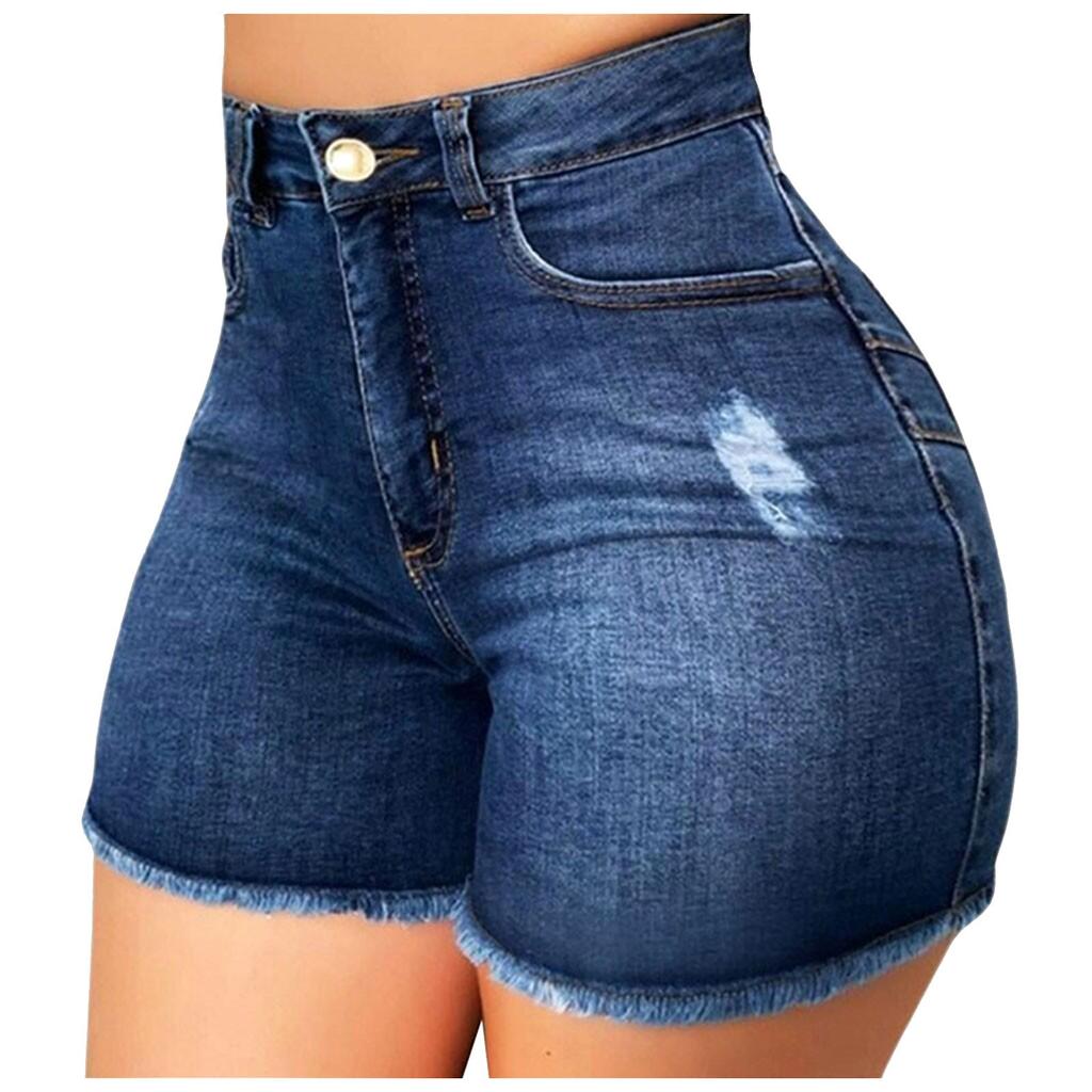 Women High Waisted Skinny Stretchy Denim Shorts Casual Summer Frayed Hem Distressed Ripped Short Jeans