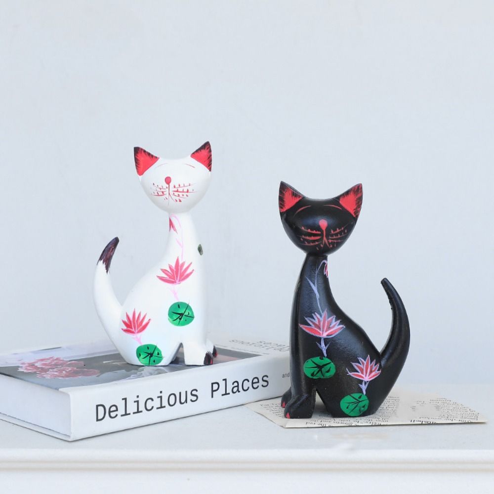 2pcs Modern Cat Statue Wooden Miniatures Figurine Desktop Ornament Animal Sculpture  Car