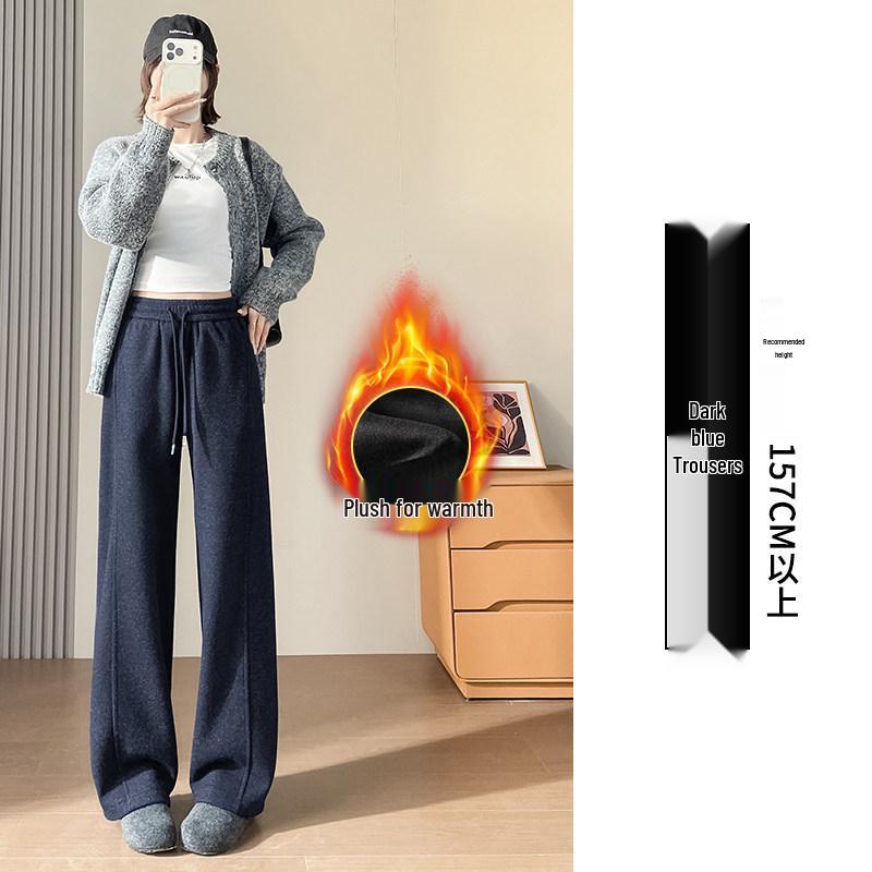 Women's High-Waisted Woolen Wide-Leg Pants - Plus Velvet Thickened, Loose, Casual, Autumn/Winter, Slimming, Straight-Leg Sweatpants