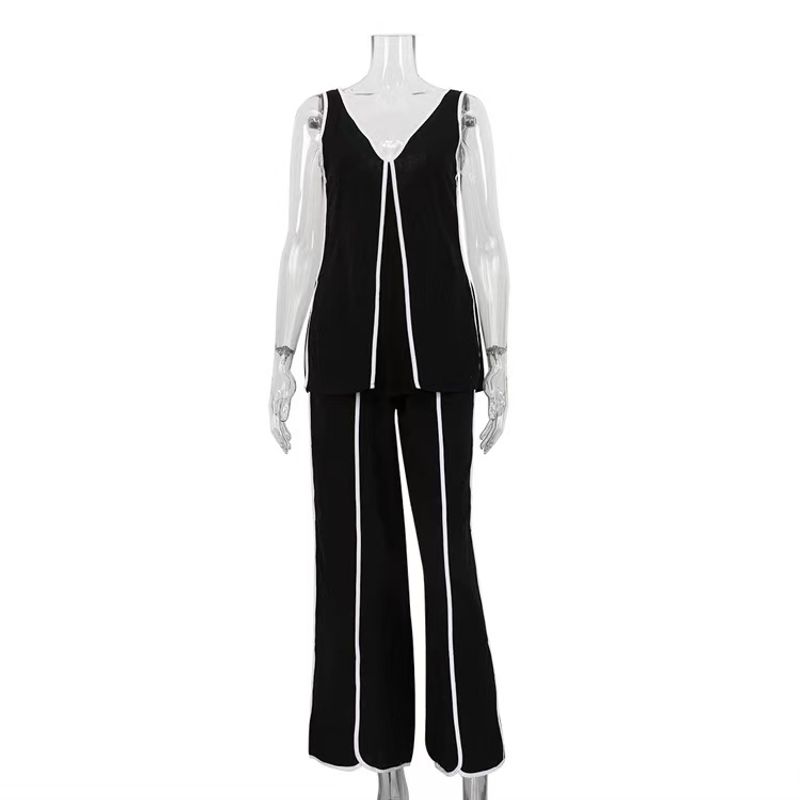 

Fashion Fashion V-Collar Contrast Color Sleeveless Vest Tops Casual Pants Two-piece Set Vest and Pants Set Black L