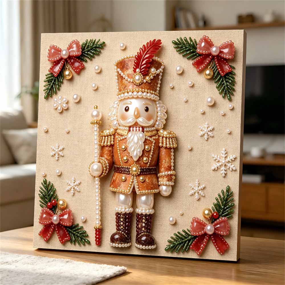 Framed Pearl Art DIY Kit with Christmas Nutcracker Pattern 3D Sparkling Bead Canvas Painting Handmade Gift for Home Decoration Wall Art Craft