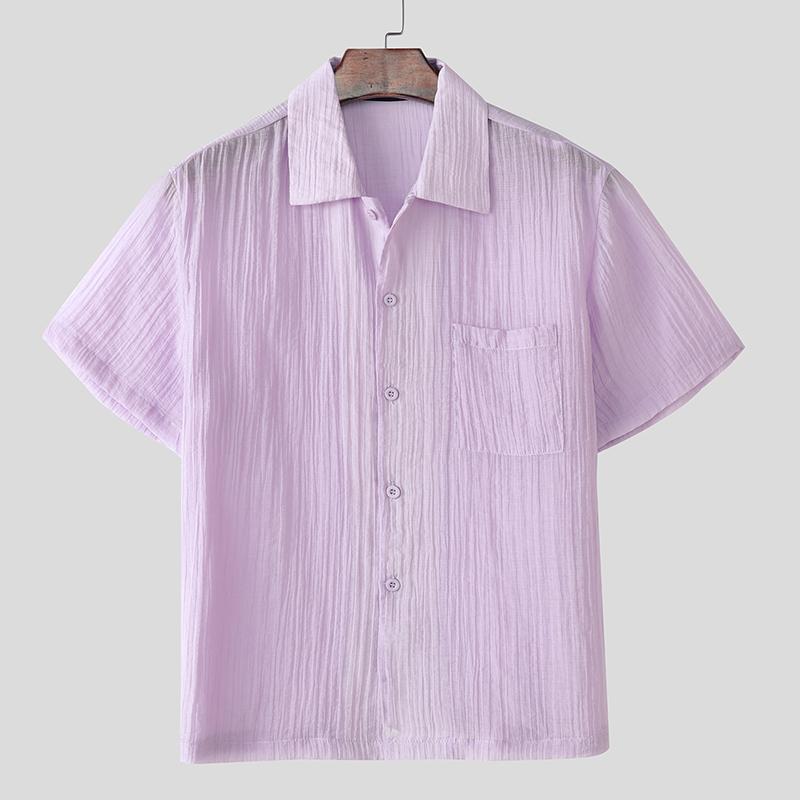 

INCERUN Men Summer Lapel Neck Semi-Sheer Solid Color Texture Casual Shirts XL фиолетовый