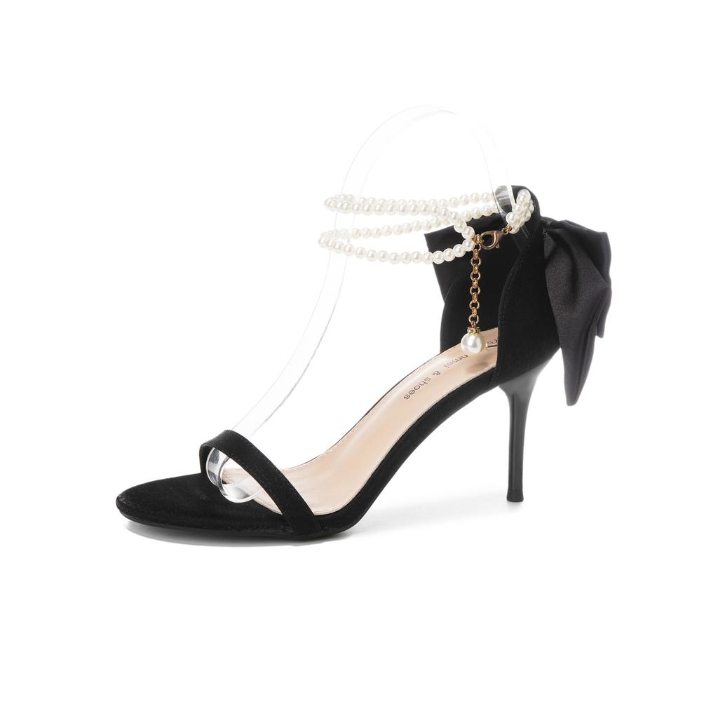 Pearl chain new sandals bow satin banquet wedding shoes high heels