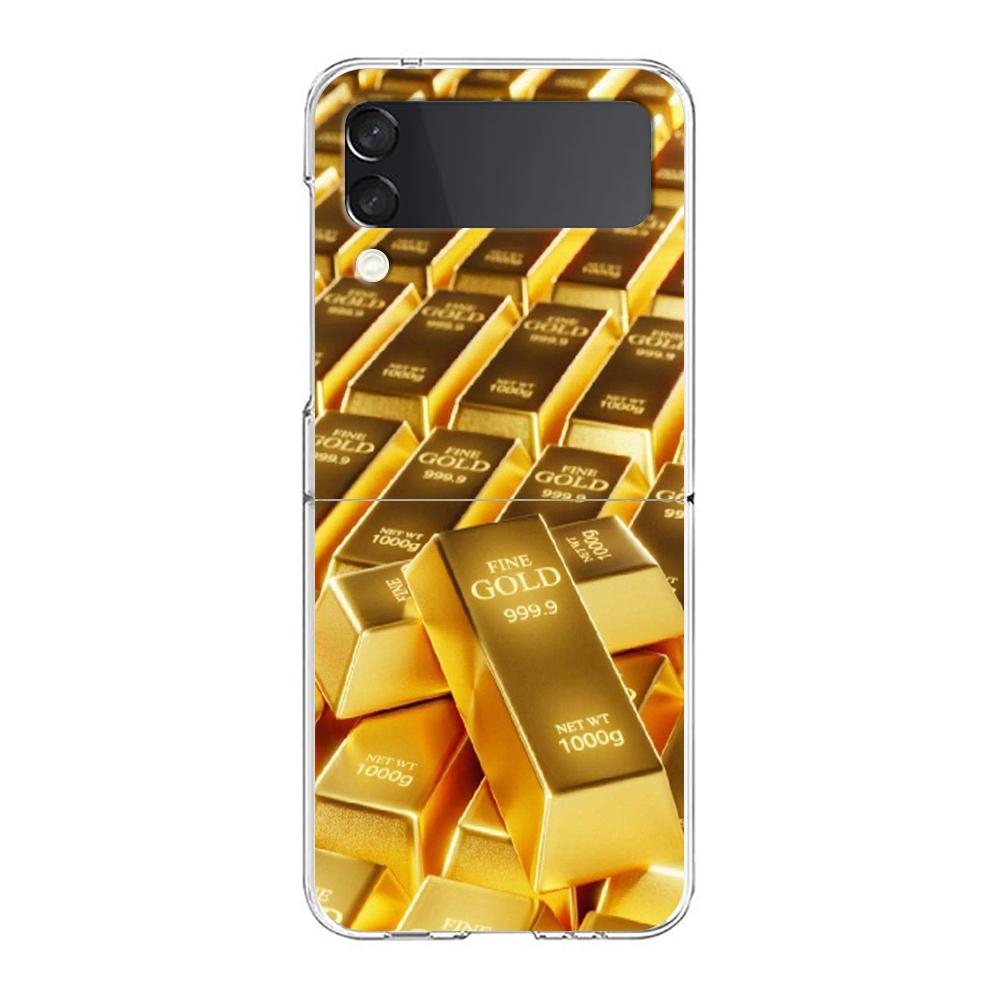 Phone Case For Samsung Galaxy Z Flip 7 6 5 4 3 Clear Hard Folding Cover For Samsung Z Flip6 Flip5 Flip4 Gold Money Pattern