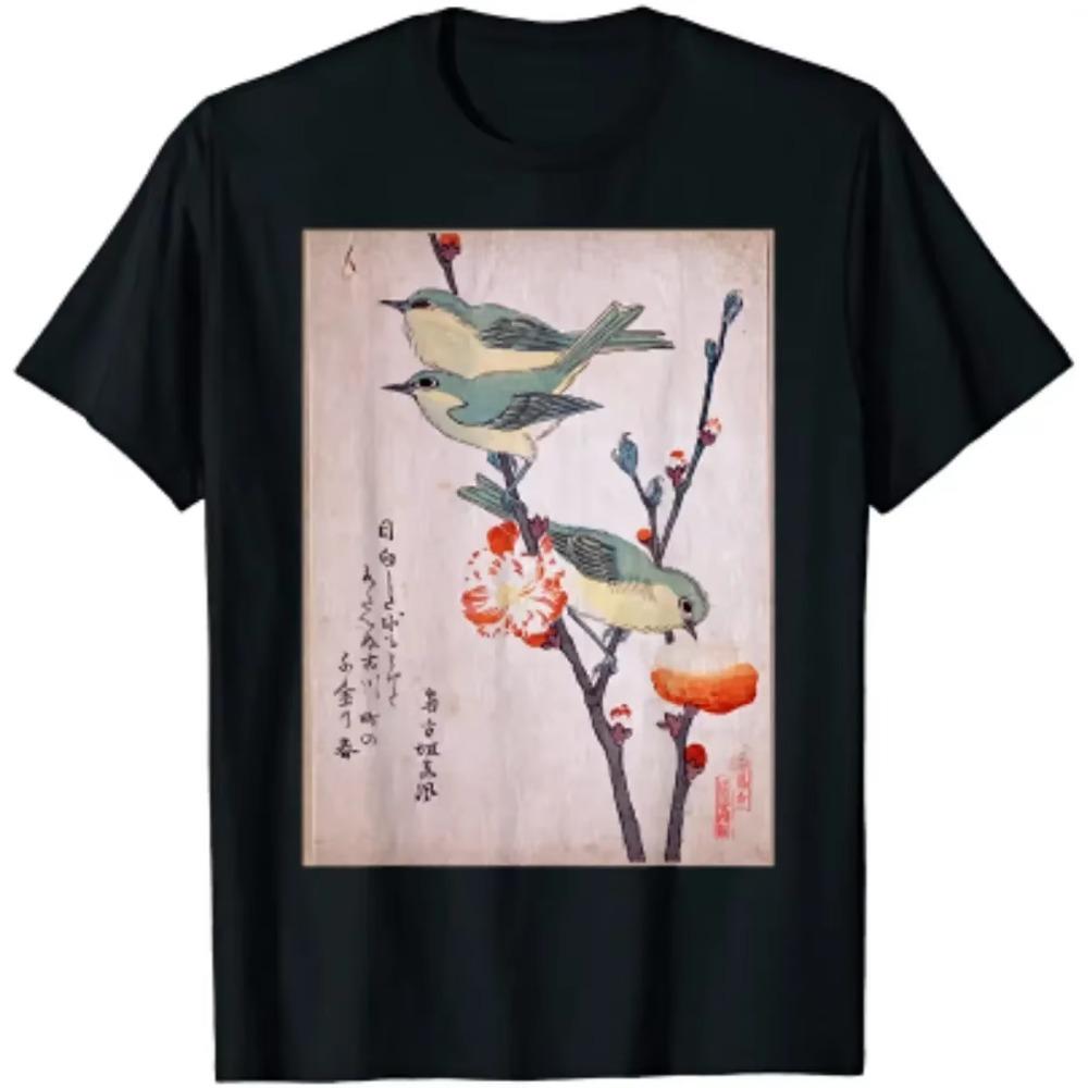 

Японское искусство Птицы на цветущей вишне Классическая футболка Повседневная хлопковая футболка на все времена года Уличная одежда Эстетические рубашки Hombre XXXXXL чёрный