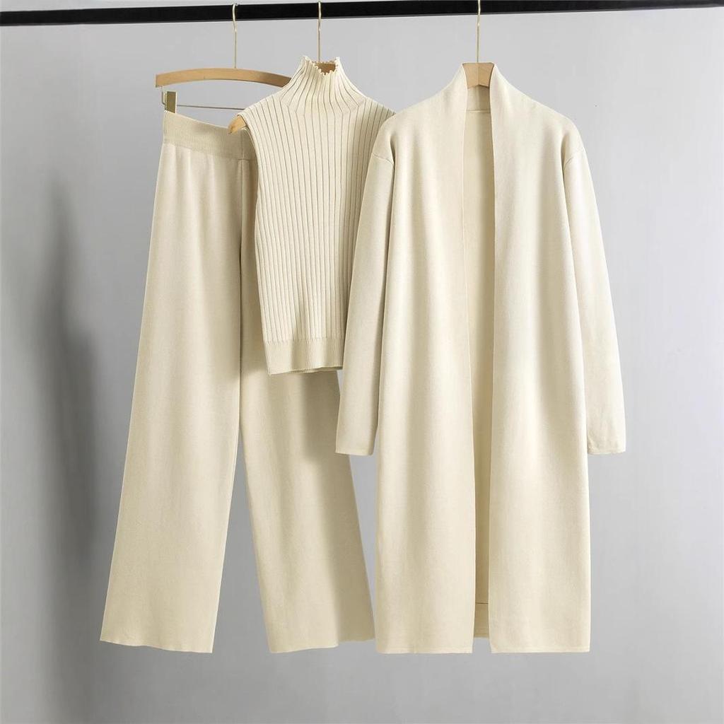 Spring & Autumn Knitted Suit: Sleeveless Vest, Cardigan, and Pants Set.