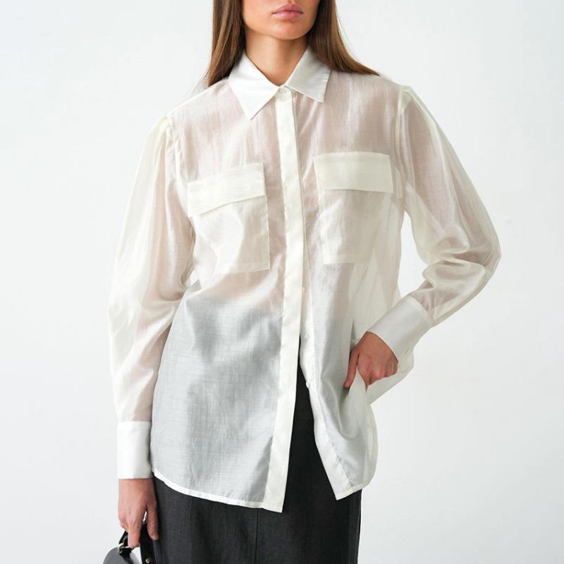 Women S Long Sleeve Lapel Sheer Tencel Blend Shirt For Commute