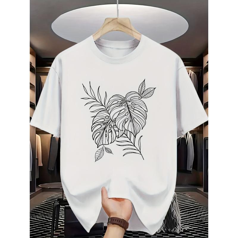 Tropical Palm Print T-Shirt - Casual Round Neck Tee Suitable for Outdoor Activities & Beachwear - Breathable Comfortable Casual Wear with Tropical S