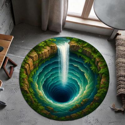 3D Waterfall Illusion Round Rug Optical Depth Cave Carpet Nature Inspired Floor for Living Room Bedroom Meditation Decoration