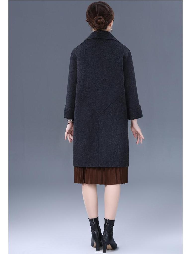Mom's Stylish Mid-Length Double-Faced Cashmere Wool Coat for Autumn & Winter - High-End, Loose Fit for Middle-Aged Women