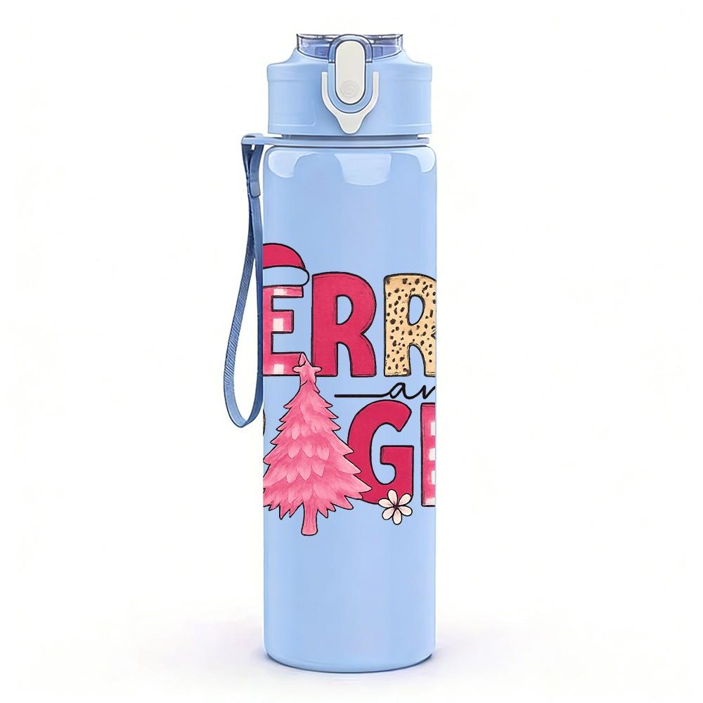 1PC Merry Bright Letter Art 750ml Color Plastic Sports Water Bottle Leakproof Flip Straw Lid Suitable for Sports Office Home Use