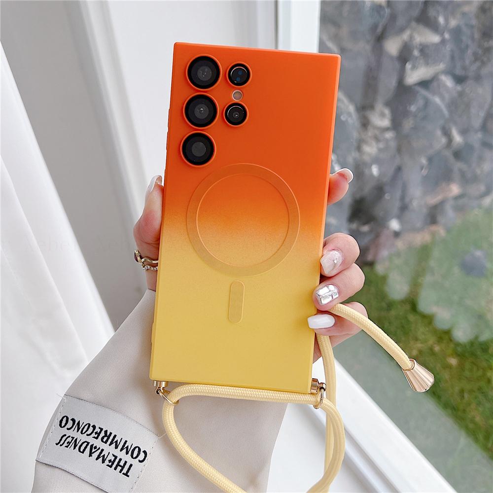 

Ремешки для ожерелья с беспроводной зарядкой, магнитный чехол с градиентным узором для Samsung S23 S24 Ultra S22 Plus, силиконовый чехол для iphone 15 14 13 12 11 Pro Max Samsung S21 оранжевый