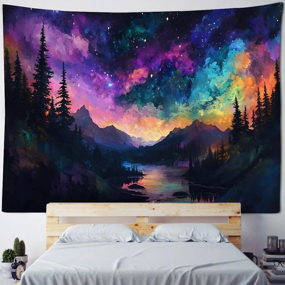 Background poster starry sky oil painting tapestry forest night fabric mural bohemian hippie home decoration wall hanging cloth