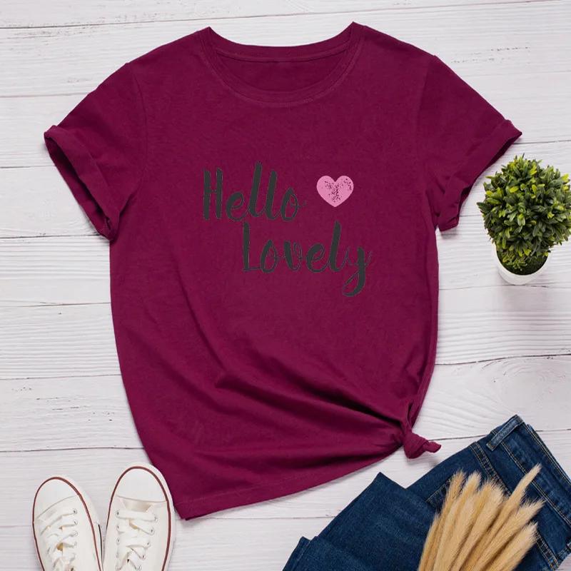 Hello Lovely Heart Print Women T Shirt Short Sleeve O Neck Loose Women Tshirt Ladies Tee Shirt Tops Clothes Camisetas Mujer