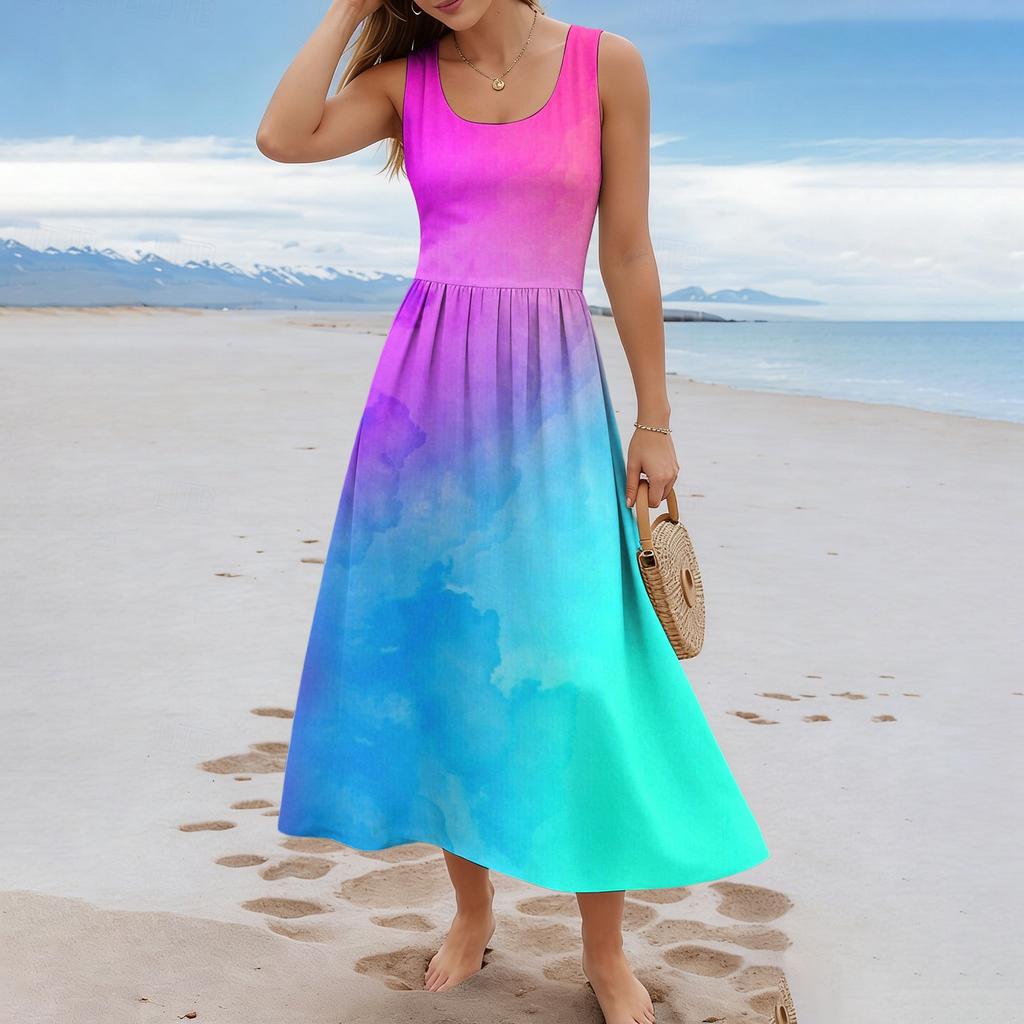 Sleeveless Gradient Maxi Dress Scoop Neck Casual Loose Fit Summer Dresses for Women Uk Ladies Summer Dresses Uk
