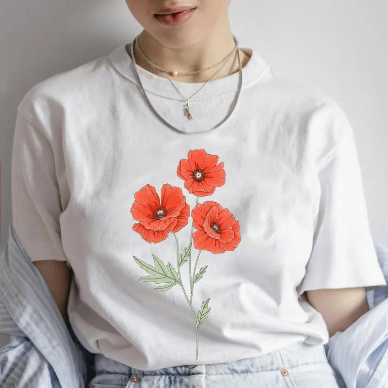 Fashion Red Poppy Flower Unisex T Shirt Funny Tops Tee Female Short Sleeve Tshirt Harajuku Tee Shirts Female Tee Girls Tshirts