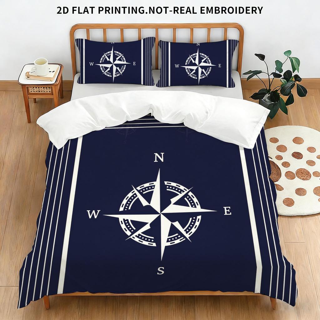 Nautical Compass Bedding Set, Navy Blue & White Nautical Print Duvet Cover with Pillowcases, 3-Piece Bed Linen for Bedroom Decor