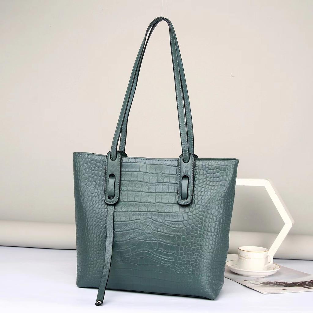 Genuine Leather Tote Bag Women's Korean Version Simple Crocodile Print Top Layer Cowhide Handbag Shoulder Bag