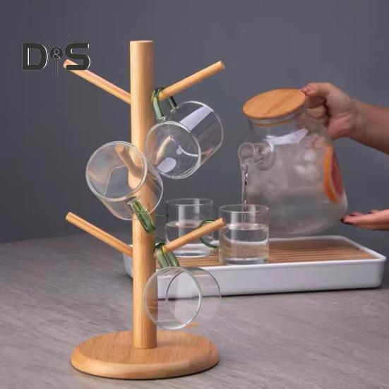 Bamboe Kopjeshouder Boom 6 Haken Koffiemok Rek Antislip Koffiekop Standaard Eenvoudige Installatie Mok Organizer Standaard voor Keuken Aanrecht