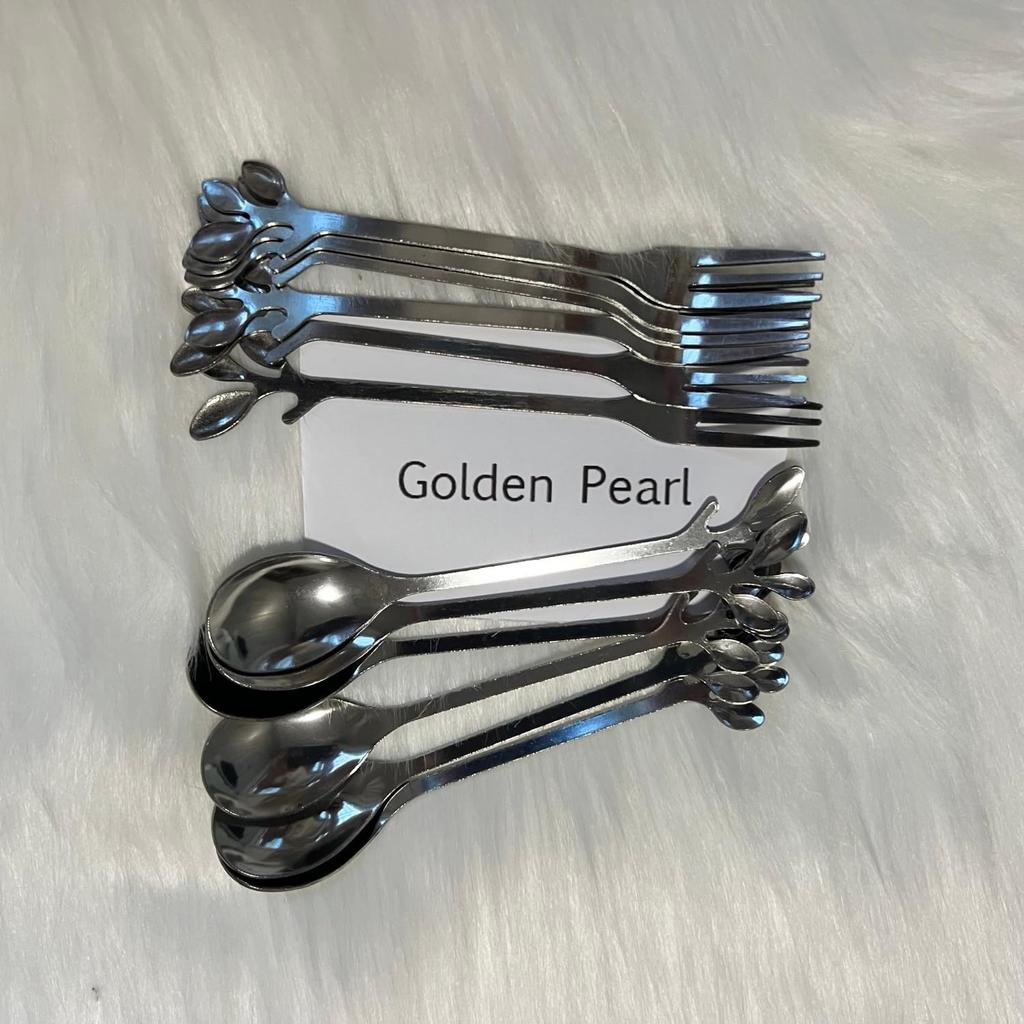 12pcs Stainless Steel Gold Leaf Coffee Spoon and Cake Fruit Forks Kitchen Accessory Wedding Party for Dessert, Salad, Appetizer, Spoon and Fork Set(6