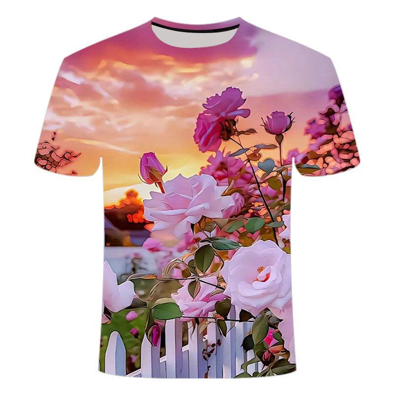 Summer New Beautiful Flower Pattern 3D Printed T-shirt Trendy Fashion and Versatile Short Sleeve for Primary and Secondary School Students
