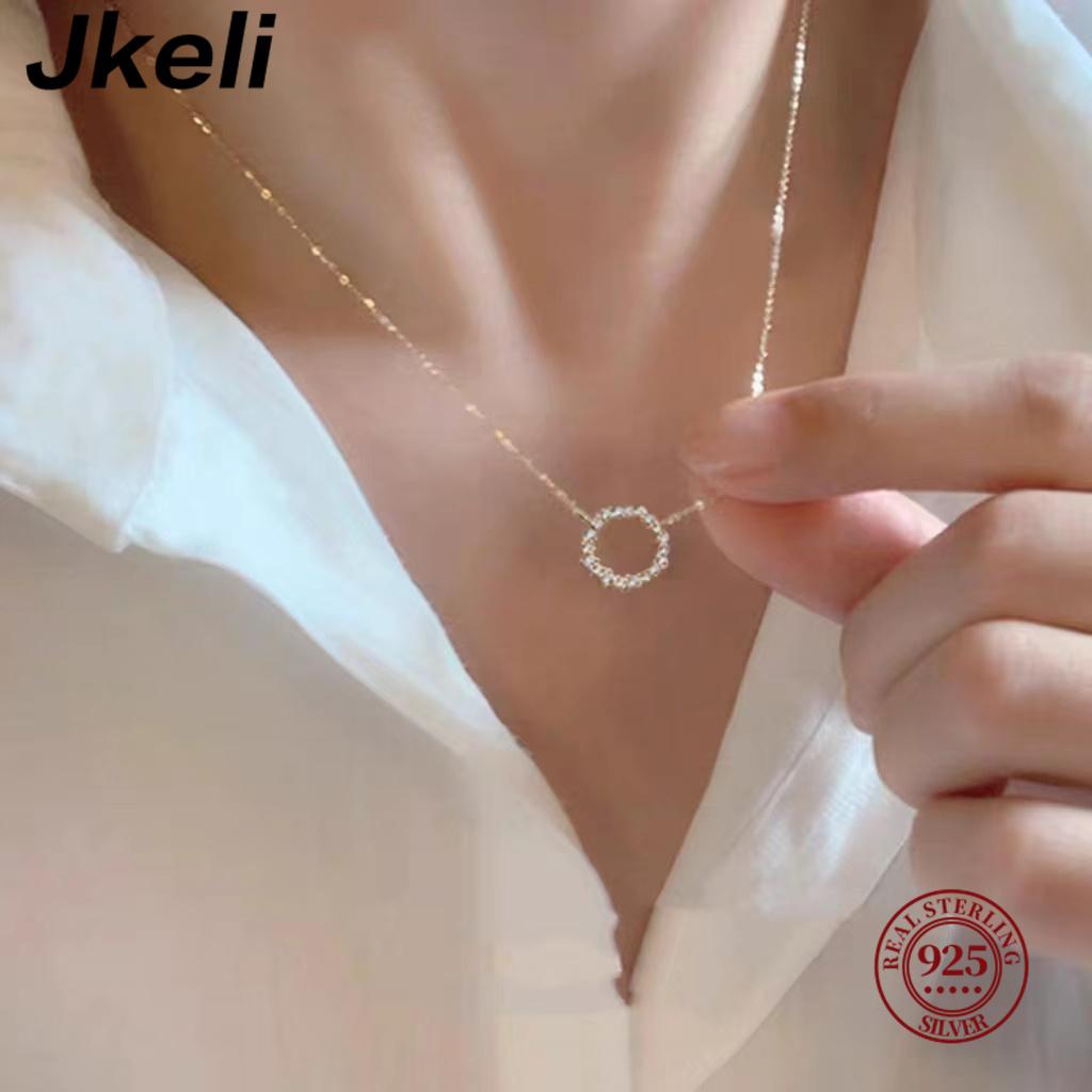 Jkeli -100% S925 Silver Plated Gold Necklace with Full Diamond Circle Style Japanese and Korean K Gold Collar Chain