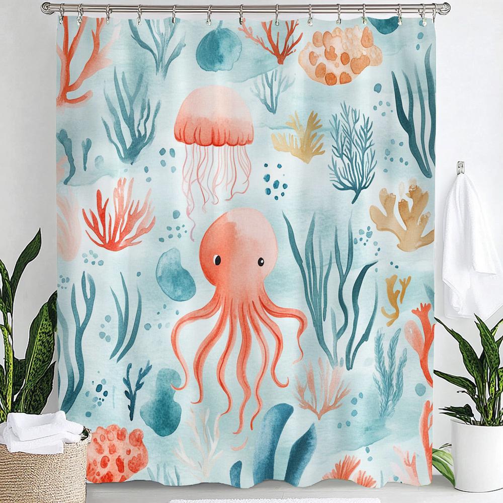 Cute Cartoon Ocean, Starfish, Shells Dolphin Printed Shower Curtain With Hooks, Bathroom Curtain, Bathroom Decor Window Curtain