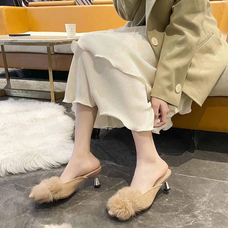 Mao Mao High Heels Women's 2024 Spring and Autumn New British Style Fashion Outer Wear Pointed Head Thin Heel Bag Head Half Slippers