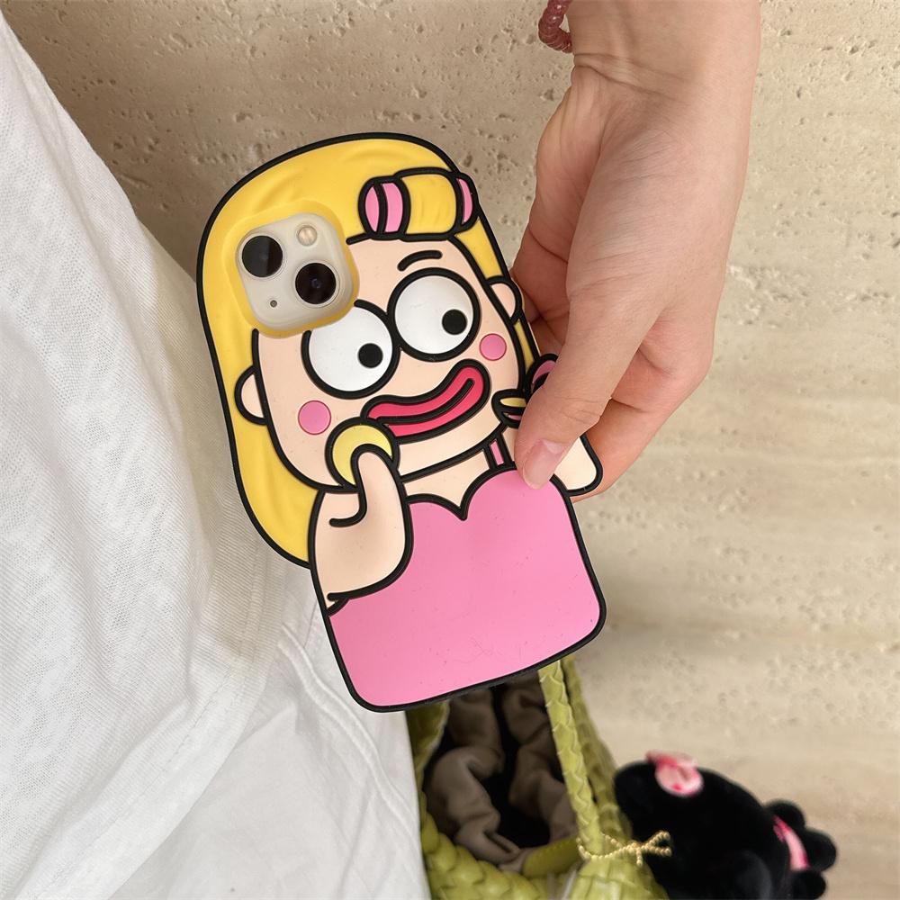 For iPhone 15 Silicone Case Cute Makeup Girl Design Shockproof Phone Back Cover