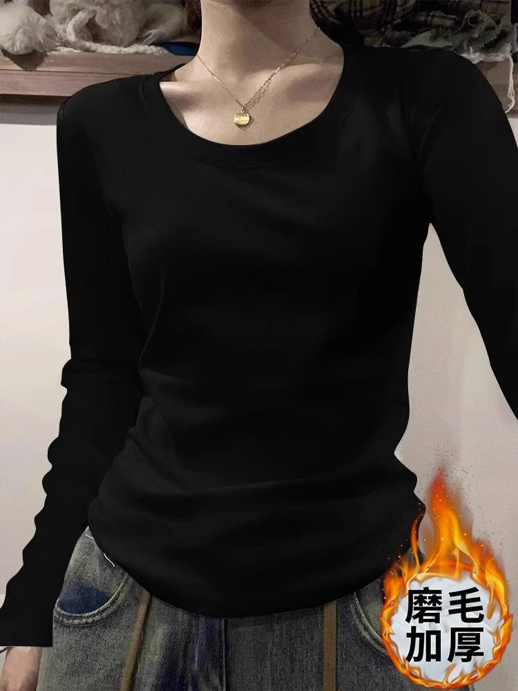 White flower gray U-neck front shoulder long-sleeved T-shirt for women's autumn and winter pure cotton plus thin velvet inner low-neck universal