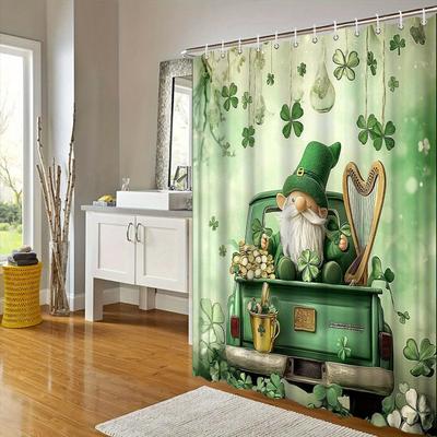 St. Patrick's Day Shower Curtain - Leprechaun, Green Hat & Shamrocks, Floating Clovers & Harp, Water-Resistant Polyester