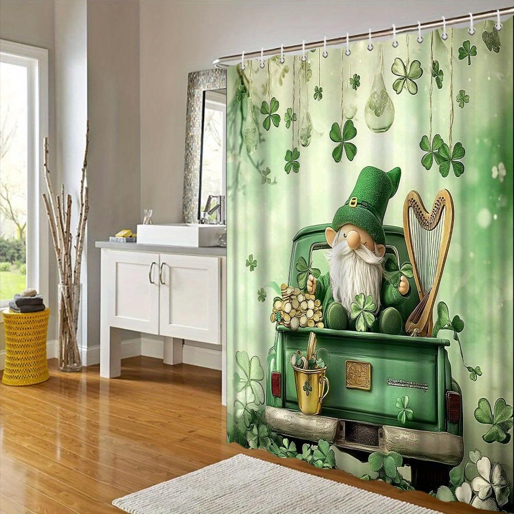 St. Patrick'S Day Shower Curtain - Leprechaun, Green Hat & Shamrocks, Floating Clovers & Harp, Water-Resistant Polyester