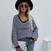 Autumn and winter pullover striped women's knitted sweater V-neck women's clothing plus size sweater women's clothing