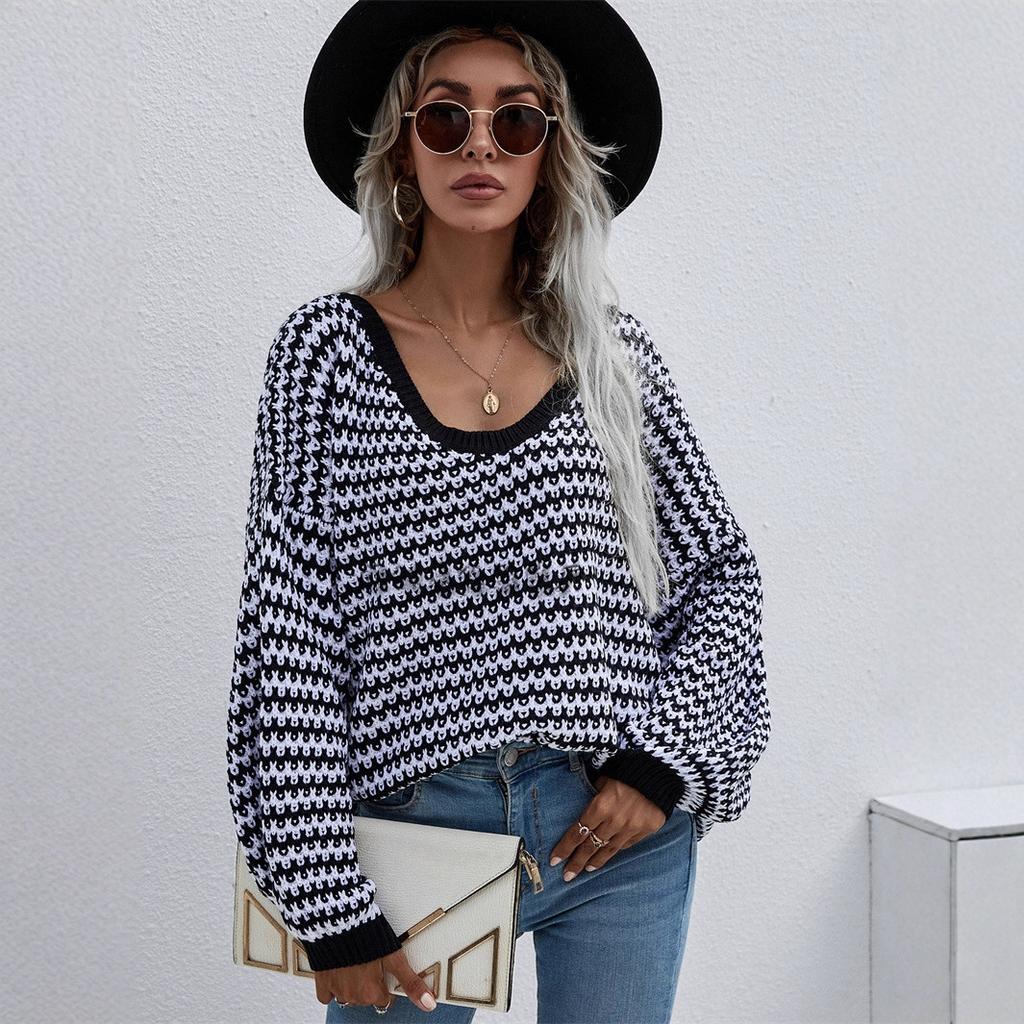 Autumn and winter pullover striped women's knitted sweater V-neck women's clothing plus size sweater women's clothing