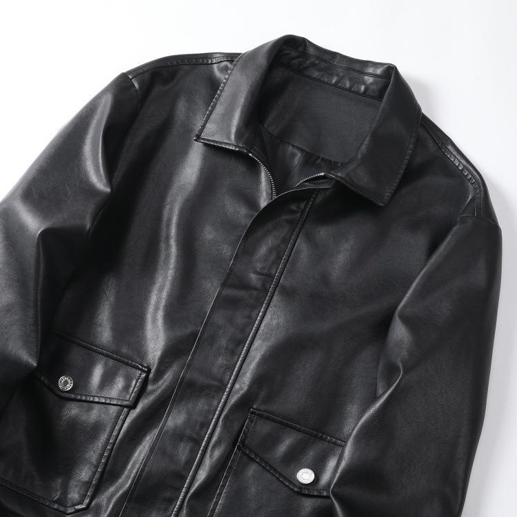 Du Jiabang Men's Faux Leather Zipper Jacket - Trendy Autumn/Winter, Lapel, Solid Color, Business Casual.