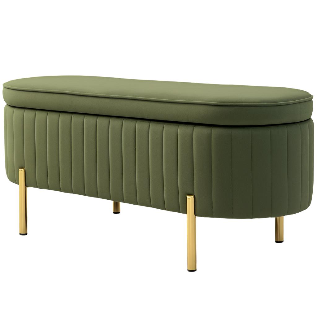 Storage Bench with Flip-Top Lid, Fabric Cover, Wood, Metal, Dark Green+Gold