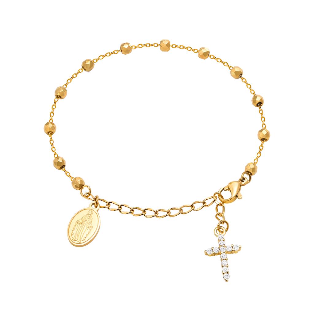 Edelstahl Jungfrau Maria St. Benedikt Kreuz Armband, Perlenkette Armband Damen Religiöser Schmuck
