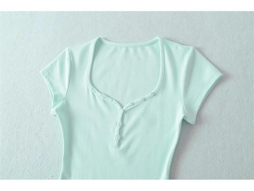 Damen Einfarbiges Slim-Fit T-Shirt mit Herzausschnitt & Gebogenem Saum