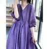 French Fashion Simple A Line Dress with Three-quarter Sleeve V Neck Long Tie Waist Dress for Women