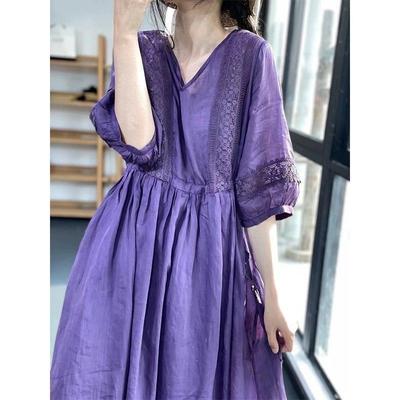 French Fashion Simple A Line Dress with Three-quarter Sleeve V Neck Long Tie Waist Dress for Women