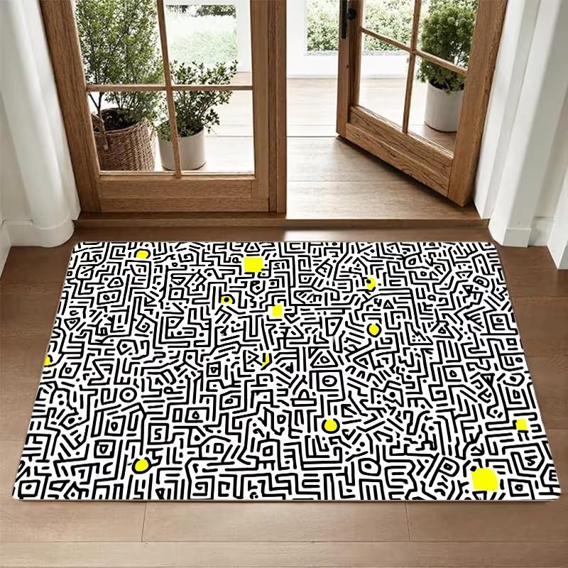 Minimalist Black White Maze Doormat Geometric Lines Soft Non-slip Rug for Bathroom Kitchen Entryway Bedrooms Living Room