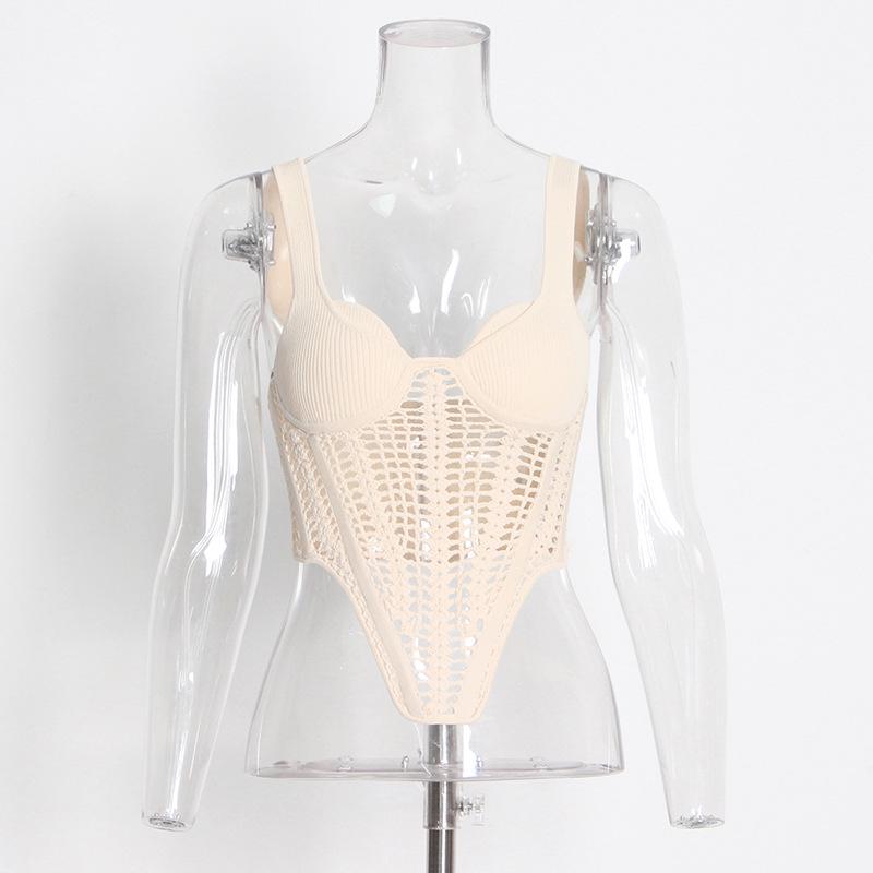 

2026 Summer Trendy Sexy Crochet Knit V-Neck Sleeveless Hollow Fishbone Vest for Women Medium абрикосовый