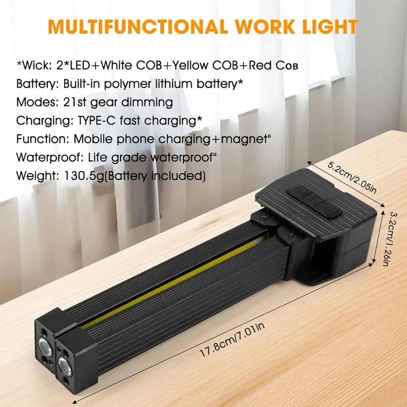 Foldable COB LED Work Light Dimmable Rotatable Flashlight Waterproof Magnetic Lamp with Hook for Car Repair Camping Emergency Outdoor Working Use